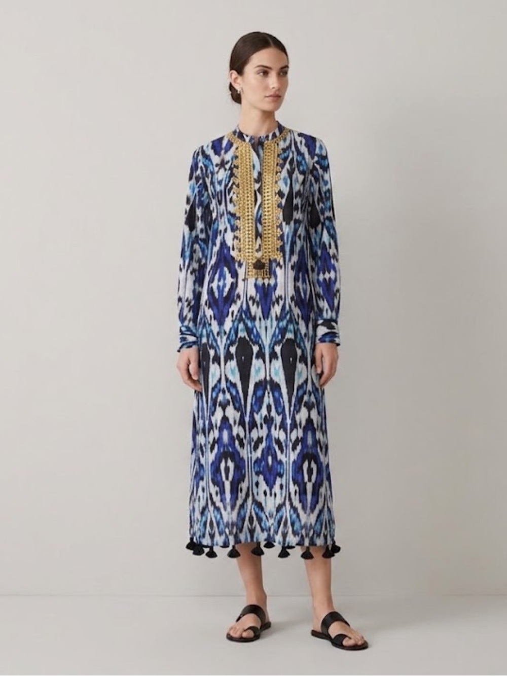 Figue Ikat Blue  Long Sleeve Kaftan Dress with Gold Trim Small